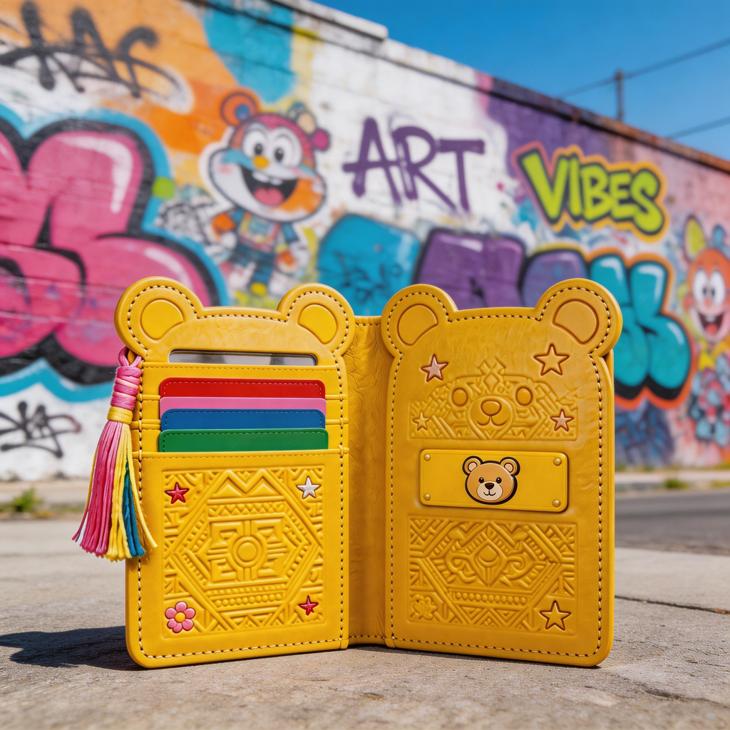 Playful Passport Wallet | Vibrant Leather | Street Art Vibe | Ideal Gift for Kids & Teens | Cute Bear Embossing