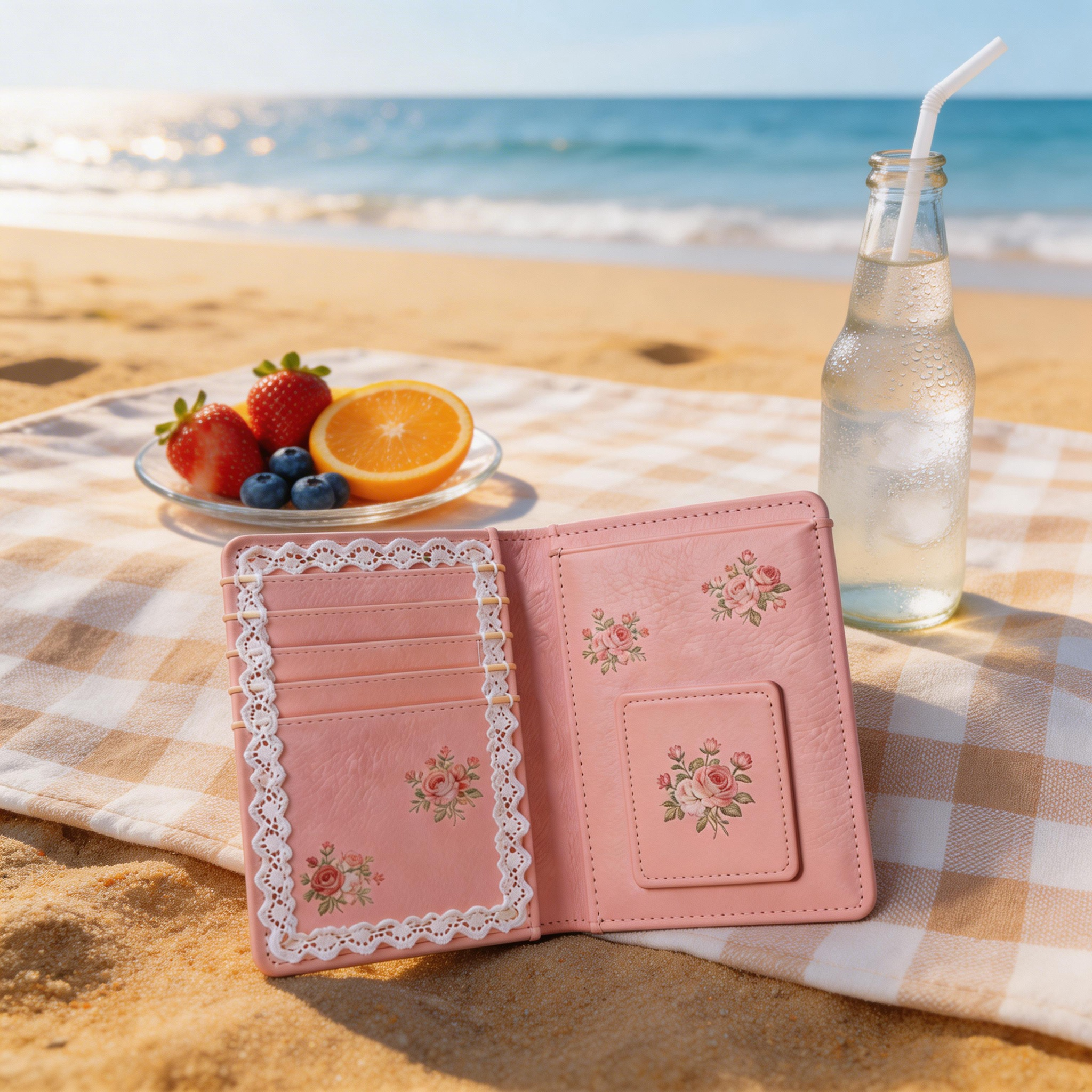 Feminine Passport Wallet | Soft Leather | Beach Picnic Vibe | Ideal Gift for Fashion Lovers | Delicate Floral Embroidery