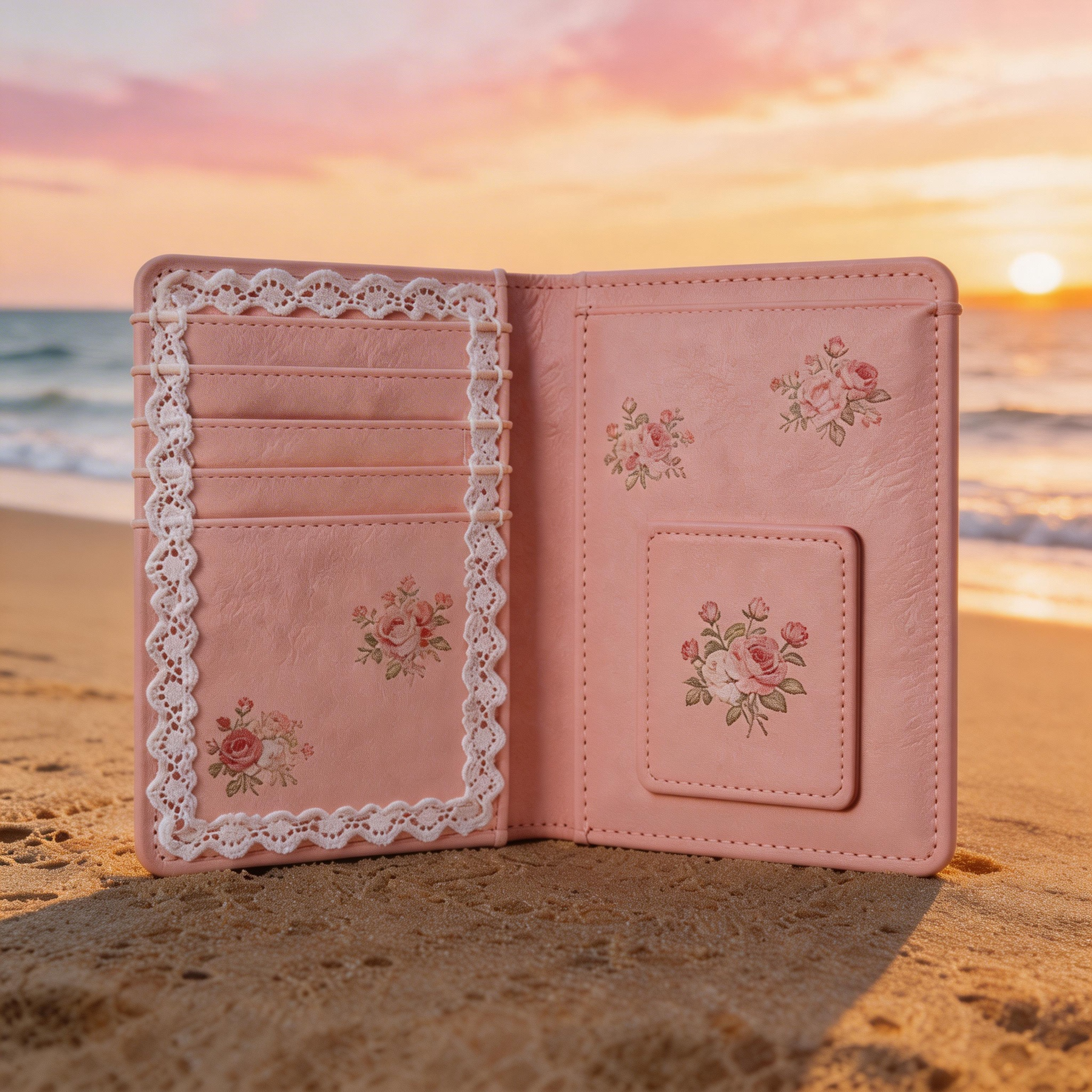 Feminine Passport Wallet | Soft Leather | Beach Picnic Vibe | Ideal Gift for Fashion Lovers | Delicate Floral Embroidery